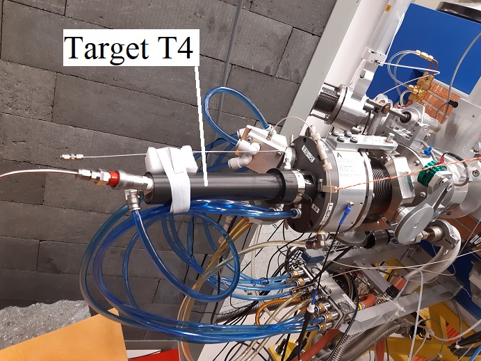 Target T4 for production of 83Rb in reaction natKr(p, xn)83Rb installed on the TR-24 cyclotron proton beam (proton energy of 24 MeV). The target windows for the proton input are cooled with gaseous helium. The own production chamber inside of the target is cooled by the water circuit.